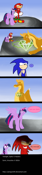 Size: 1024x4216 | Tagged: safe, artist:penguin04, derpibooru import, spike, twilight sparkle, twilight sparkle (alicorn), alicorn, pony, comic, crossover, knuckles the echidna, master emerald, sonic the hedgehog, sonic the hedgehog (series)