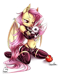 Size: 631x800 | Tagged: suggestive, artist:moenkin, derpibooru import, angel bunny, fluttershy, anthro, bat pony, unguligrade anthro, angelshy, apple, clothes, female, flutterbat, food, leather, male, race swap, shipping, simple background, straight, transparent background