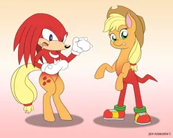 Size: 3759x3000 | Tagged: safe, artist:foxbeast, derpibooru import, part of a set, applejack, hybrid, pony, body swap, character to character, crossover, downvote bait, female to male, gradient background, knuckles the echidna, part of a series, partial body swap, pony to anthro, rule 63, sega, simple background, sonic the hedgehog, sonic the hedgehog (series), transformation, transgender transformation, video game, wat, what has science done, where is your god now?, why