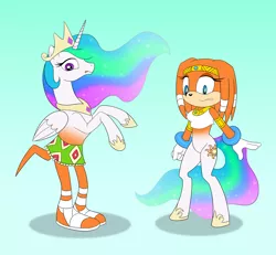 Size: 4000x3703 | Tagged: anthro, artist:foxbeast, body swap, character to character, crossover, derpibooru import, female, gradient background, hybrid, partial body swap, part of a series, part of a set, pony to anthro, princess celestia, safe, sega, simple background, sonic the hedgehog, sonic the hedgehog (series), species swap, tikal, transformation, video game, what has science done, why