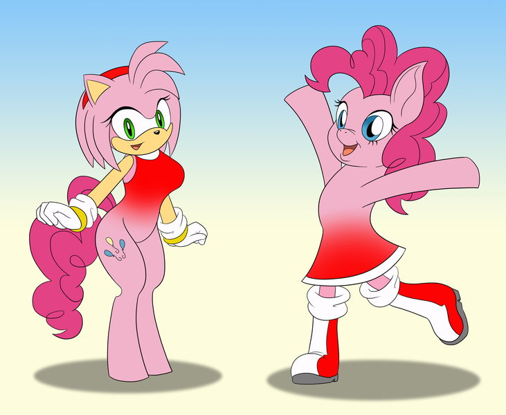 Size: 3414x2803 | Tagged: amy rose, artist:foxbeast, body swap, character to character, crossover, derpibooru import, female, gradient background, hybrid, partial body swap, part of a series, part of a set, pinkie pie, pony to anthro, safe, sega, simple background, sonic the hedgehog, sonic the hedgehog (series), transformation, video game, what has science done