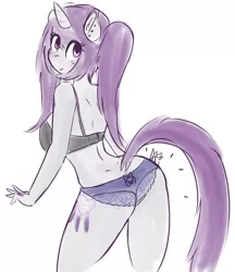 Size: 1280x1482 | Tagged: adorasexy, anthro, anthro oc, artist:wickedsilly, black underwear, bra, breasts, clothes, cute, derpibooru import, ear piercing, female, frilly underwear, looking back, oc, oc:wicked silly, panties, piercing, purple underwear, ribbon, sexy, solo, solo female, suggestive, underwear, unofficial characters only