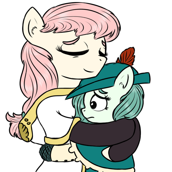 Size: 1500x1500 | Tagged: safe, artist:ficficponyfic, color edit, derpibooru import, edit, oc, oc:emerald jewel, oc:hope blossoms, unofficial characters only, pony, colt quest, adult, child, clothes, color, colored, colt, embrace, eyes closed, female, foal, frown, hat, hug, male, mare, robe, sad