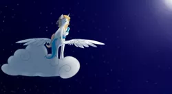 Size: 1024x560 | Tagged: artist:ashiikocx, beauty mark, cloud, cute, derpibooru import, eyes closed, female, night, oc, oc:crystal wishes, oc:winterspear, offspring, parent:jet set, parents:upperset, parent:upper crust, ponies riding ponies, safe, sitting, smiling, spread wings, stars, unofficial characters only