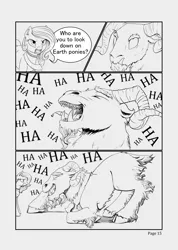 Size: 3552x4976 | Tagged: artist:silfoe, cloven hooves, comic, comic:ascension, derpibooru import, earth pony celestia, grayscale, grogar, laughing, male, monochrome, princess celestia, ram, safe, unamused, younger