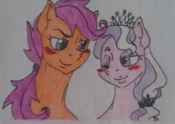 Size: 1037x733 | Tagged: artist:tejedora, blushing, crayon drawing, cute, derpibooru import, diamond tiara, female, graph paper, lesbian, lined paper, long neck, older, safe, scootaloo, scootalove, scootiara, shipping, traditional art, wink