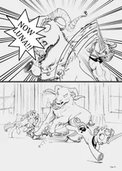 Size: 1102x1546 | Tagged: artist:silfoe, cloven hooves, comic, comic:ascension, derpibooru import, earth pony celestia, earth pony luna, grayscale, grogar, male, monochrome, mouth hold, princess celestia, princess luna, ram, safe, sword, weapon, younger