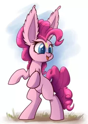 Size: 1000x1400 | Tagged: safe, artist:heir-of-rick, derpibooru import, pinkie pie, pony, :p, alternative cutie mark placement, bipedal, ear fluff, impossibly large ears, ponk, silly, silly pony, solo, tongue out
