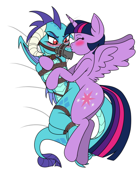 Size: 3300x4200 | Tagged: questionable, artist:ryuseihikari, derpibooru import, princess ember, twilight sparkle, twilight sparkle (alicorn), alicorn, dragon, pony, blushing, bondage, bound, bound wings, breast bondage, breasts, collar, crotch rope, emberlight, female, gag, implied rape, kissing, lesbian, muzzle gag, one sided shipping, rope, simple background, transparent background, tsundere