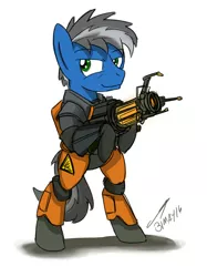 Size: 956x1280 | Tagged: safe, artist:buckweiser, derpibooru import, oc, oc:buckminster, unofficial characters only, pony, bipedal, clothes, crossover, gravity gun, half-life, hev suit, hoof hold, signature, sketchy, solo