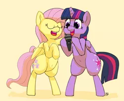 Size: 1280x1043 | Tagged: safe, artist:pabbley, derpibooru import, fluttershy, twilight sparkle, twilight sparkle (alicorn), alicorn, pony, belly button, bipedal, cute, duo, female, lesbian, microphone, shipping, shyabetes, singing, twiabetes, twishy