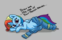 Size: 1280x822 | Tagged: suggestive, artist:pabbley, derpibooru import, rainbow dash, pony, newbie dash, bedroom eyes, belly button, clothes, dialogue, draw me like one of your french girls, female, hips, looking at you, lying down, open mouth, rainbow fash, side, solo, solo female, thunder thighs, undressing, wonderbolts uniform