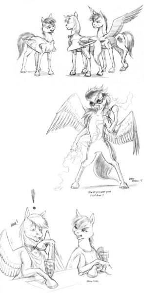 Size: 1100x2052 | Tagged: artist:baron engel, cook, derpibooru import, food, lightning, monochrome, necklace, oc, oc:sky brush, oc:squall line, oc:trade winds, parent, parfait, pencil drawing, rainbow dash, safe, story in the source, traditional art