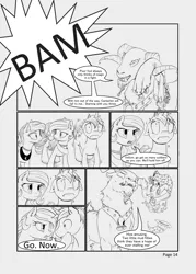 Size: 3560x4984 | Tagged: safe, artist:silfoe, derpibooru import, grogar, princess celestia, princess luna, star swirl the bearded, oc, oc:golden vellum, comic:ascension, comic, earth pony celestia, earth pony luna, grayscale, monochrome