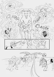 Size: 3528x5000 | Tagged: grimdark, artist:silfoe, derpibooru import, grogar, princess celestia, princess luna, star swirl the bearded, oc, oc:golden vellum, earth pony, pegasus, pony, undead, unicorn, zombie, comic:ascension, comic, decapitated, decapitation, earth pony celestia, earth pony luna, grayscale, monochrome, mouth hold, sword, weapon