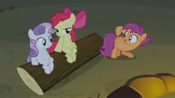 Size: 1280x720 | Tagged: apple bloom, cutie mark crusaders, derpibooru import, lidded eyes, safe, scootaloo, screencap, sitting, sleepless in ponyville, sweetie belle, want