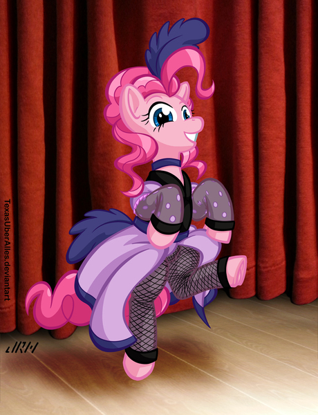 Size: 720x940 | Tagged: safe, artist:texasuberalles, derpibooru import, pinkie pie, earth pony, pony, over a barrel, bipedal, clothes, dancing, dress, female, mare, saloon dress, saloon pinkie, singing, solo, stage, this will end in war, underhoof