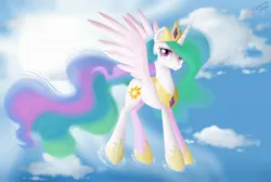 Size: 3000x2014 | Tagged: safe, artist:vird-gi, derpibooru import, princess celestia, alicorn, pony, cloud, flying, sky, solo, spread wings