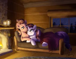 Size: 3300x2550 | Tagged: safe, artist:alex-heberling, derpibooru import, rarity, oc, oc:kydose, blanket, cabin, candle, canon x oc, couch, fire, hug, loving gaze, mountain, night, raridose, romantic, shipping, snuggling, stars