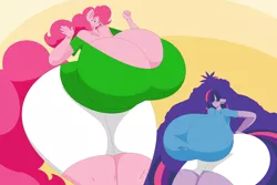 Size: 3600x2400 | Tagged: anthro, artist:two-ton-neko, ass, balloonbutt, big breasts, breasts, busty pinkie pie, busty twilight sparkle, cleavage, clothes, curvy, derpibooru import, female, huge breasts, huge butt, impossibly large breasts, impossibly large butt, impossibly wide hips, large butt, macro, magic, pinkie pie, pony ears, suggestive, thighlight sparkle, thunder thighs, twibutt, twilight sparkle, wide hips