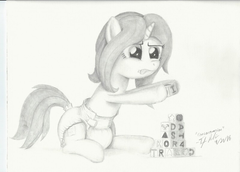 Size: 1280x920 | Tagged: adult foal, artist:millenniumf, blocks, derpibooru import, diaper, diaper fetish, monochrome, oc, questionable, solo, unofficial characters only