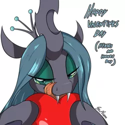 Size: 800x800 | Tagged: suggestive, artist:srmario, derpibooru import, queen chrysalis, bedroom eyes, drool, fangs, female, heart, hearts and hooves, hearts and hooves day, kitchen eyes, licking, licking lips, looking at you, simple background, solo, tongue out, valentine's day