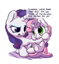 Size: 1100x1200 | Tagged: safe, artist:bobdude0, derpibooru import, rarity, sweetie belle, pony, unicorn, biting, cute, dialogue, diasweetes, eye contact, eyeshadow, female, filly, food, hoof biting, looking at each other, makeup, marshmallow, munching, nom, raribetes, rarity is a marshmallow, siblings, sisters, sweetie belle is a marshmallow too, underhoof