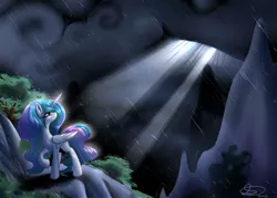 Size: 4900x3500 | Tagged: absurd resolution, artist:mimkage, cloud, crepuscular rays, derpibooru import, looking up, mountain, princess celestia, rain, raised hoof, safe, scenery, solo, wet