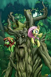 Size: 1600x2400 | Tagged: safe, artist:prismspark, derpibooru import, fluttershy, tree hugger, earth pony, ent, pegasus, pony, crossover, fangorn, lord of the rings, smiling, treebeard, trio