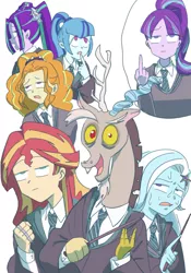 Size: 700x1000 | Tagged: safe, artist:misochikin, derpibooru import, adagio dazzle, aria blaze, discord, sonata dusk, starlight glimmer, sunset shimmer, trixie, anthro, equestria girls, rainbow rocks, counterparts, crossover, equestria girls-ified, fuck you, harry potter, hogwarts, magical trio, middle finger, pixiv, sweat, the dazzlings, twilight's counterparts, vulgar, wat, wtf