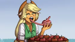 Size: 1920x1080 | Tagged: safe, artist:namygaga, derpibooru import, applejack, anthro, .mov, apple.mov, apple, floppy ears, food, impossibly long tongue, jappleack, long tongue, scene interpretation, solo, that pony sure does love apples, tongue out