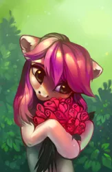 Size: 758x1164 | Tagged: safe, artist:share dast, derpibooru import, roseluck, earth pony, pony, bipedal, bouquet, bust, cute, ear fluff, female, floppy ears, flower, hoof hold, hug, mare, portrait, rose, solo, weapons-grade cute