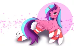 Size: 1920x1200 | Tagged: safe, artist:joe0316, artist:laptop-pone, derpibooru import, oc, oc:melly, unofficial characters only, alicorn, pony, alicorn oc, blushing, clothes, heart eyes, socks, solo, striped socks, wingding eyes