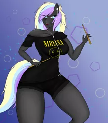 Size: 1024x1161 | Tagged: anthro, artist:askquickbullet, clothes, derpibooru import, drumsticks, earbuds, mp3 player, nirvana, oc, oc:ice trio, off shoulder, safe, shorts, solo, t-shirt, twirl, unofficial characters only