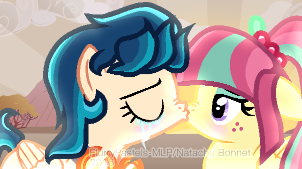 Size: 604x339 | Tagged: dead source, safe, artist:flurrypastels-mlp, derpibooru import, indigo zap, sour sweet, ponified, equestria girls, equestria girls ponified, female, kissing, lesbian, shipping, sourzap