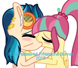 Size: 954x837 | Tagged: dead source, safe, artist:flurrypastels-mlp, derpibooru import, indigo zap, sour sweet, ponified, equestria girls, equestria girls ponified, female, kissing, lesbian, shipping, sourzap