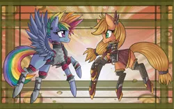 Size: 1600x1000 | Tagged: safe, artist:raptor007, derpibooru import, applejack, rainbow dash, alternate hairstyle, clothes, ear piercing, piercing, socks, stockings