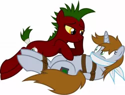Size: 1280x974 | Tagged: suggestive, derpibooru import, edit, oc, oc:blood, oc:littlepip, unofficial characters only, pony, unicorn, fallout equestria, fanfic, bedroom eyes, bellyrubs, bondage, fanfic art, female, gag, hooves, horn, lesbian, lying down, mare, raider, rope, sexy, show accurate, simple background, smiling, tail wrap, white background