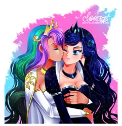 Size: 800x829 | Tagged: artist:cloveras, blushing, breast fondling, breast grab, breasts, busty princess celestia, busty princess luna, cleavage, clothes, derpibooru import, dress, eyes closed, female, grope, hug, hug from behind, human, humanized, incest, kissing, kiss on the cheek, lesbian, princess celestia, princess luna, princest, royal sisters, safe, shipping, smiling, wink