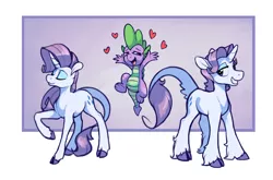 Size: 1280x843 | Tagged: safe, artist:amphoera, artist:enma-darei, derpibooru import, rarity, spike, classical unicorn, and then spike was bi, bisexual, cloven hooves, elusive, gay, heart, leonine tail, male, rarity month, rule 63, self ponidox, shipping, simple background, sparity, spelusive, straight, unshorn fetlocks