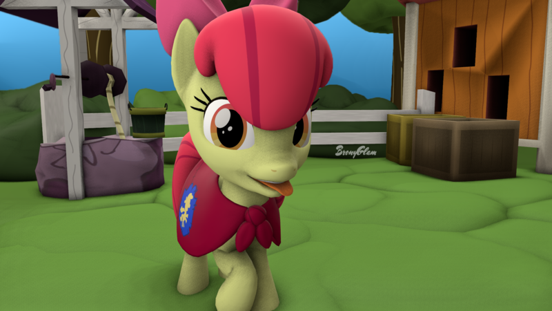 Size: 1920x1080 | Tagged: safe, artist:bronyglambert, derpibooru import, apple bloom, 3d, cape, clothes, cmc cape, solo, tongue out