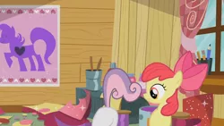 Size: 1280x720 | Tagged: safe, derpibooru import, screencap, apple bloom, sweetie belle, pony, blank flank, clubhouse, crusaders clubhouse, hearts and hooves day