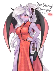 Size: 3000x4000 | Tagged: suggestive, artist:askbubblelee, derpibooru import, oc, oc:violet thorn, unofficial characters only, anthro, bat pony, alternate hairstyle, annoyed, anthro oc, bandage, blushing, blush sticker, breasts, cheongsam, clothes, dialogue, dress, female, kunoichi, looking away, side slit, simple background, slit eyes, solo, solo female, transparent background, tsundere