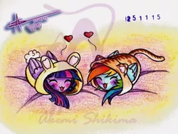 Size: 1024x771 | Tagged: safe, artist:shikimaakemi, derpibooru import, rainbow dash, twilight sparkle, twilight sparkle (alicorn), alicorn, pony, blushing, chubbie, clothes, eyes closed, female, heart, kigurumi, lesbian, my little squishy, obtrusive watermark, open mouth, shipping, twidash, watermark