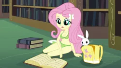 Size: 1280x720 | Tagged: suggestive, derpibooru import, edit, edited screencap, editor:ah96, screencap, angel bunny, fluttershy, equestria girls, friendship games, backpack, belly button, book, bra, breast edit, breasts, busty fluttershy, cleavage, clothes, female, frilly underwear, green underwear, panties, underwear, underwear edit