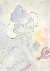 Size: 679x964 | Tagged: safe, artist:slightlyshade, derpibooru import, princess ember, dragon, bloodstone scepter, cute, dragon lord ember, emberbetes, eyes closed, smiling, solo, tongue out, traditional art