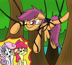 Size: 2000x1800 | Tagged: apple bloom, artist:yourfavoritelove, blank flank, cutie mark crusaders, derpibooru import, parachute, safe, scootaloo, stuck, sweetie belle, tangled up, tree, tree sap and pine needles