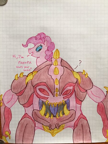 Size: 1024x1365 | Tagged: artist:unkownbrony52, crossover, derpibooru import, doom, doom 2016, doom 4, graph paper, lined paper, pinkie pie, pinky demon, safe, traditional art