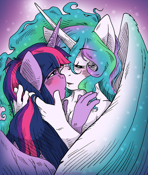 Size: 930x1100 | Tagged: alicorn, anthro, artist:kaemantis, breasts, cleavage, derpibooru import, female, imminent kissing, lesbian, nudity, princess celestia, questionable, shipping, twilestia, twilight sparkle, twilight sparkle (alicorn)