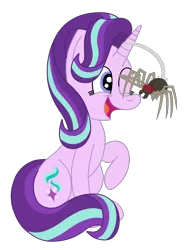 Size: 1936x2592 | Tagged: safe, artist:squipycheetah, derpibooru import, fuzzy legs, starlight glimmer, pony, spider, unicorn, cute, duo, female, glimmerbetes, happy, mare, one eye closed, open mouth, raised hoof, salute, simple background, sitting, smiling, spiderbro, transparent background, vector, wink